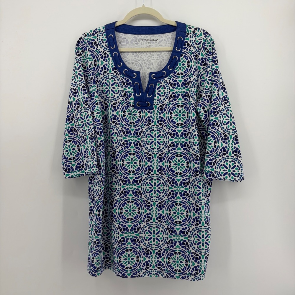 Woman Within Womens 18/20 L Blue Geometric Medallion Grommet Split Neck Tunic